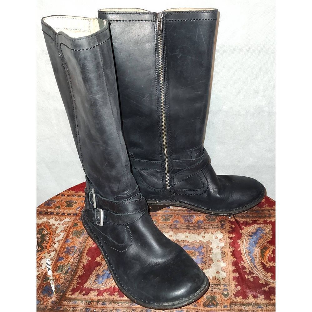 Ugg Rosen Tall Boots Womens 6 EU 37 Black Leather Zip Wool Lined Mid Calf Winter